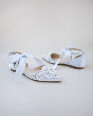 Satin Pointy Toe Flats with Oversized Pearls Applique