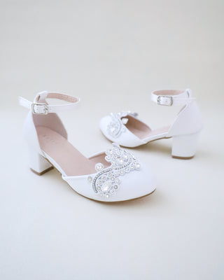 white satin girls block heels with rhinestones applique on vamp