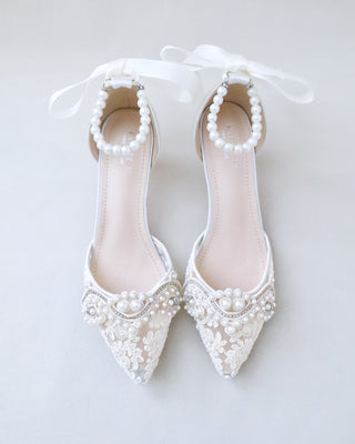 ivory crochet lace wedding low heel with pearls