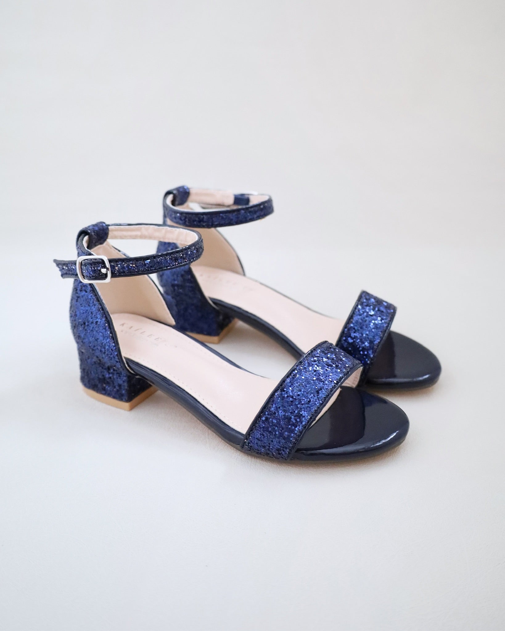 Navy Rock Glitter Low Block Heel Girls Sandals, Flower Girls Shoes