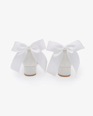 White Round Toe Satin Low Block Heel with Back Satin Bow