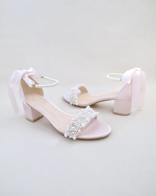 Satin Block Heel Evening Sandals with Perla Applique