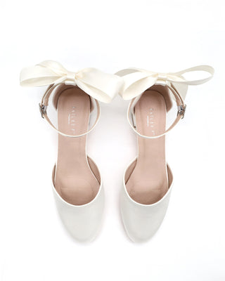 Round Toe Satin Block Heel with Back Satin Bow
