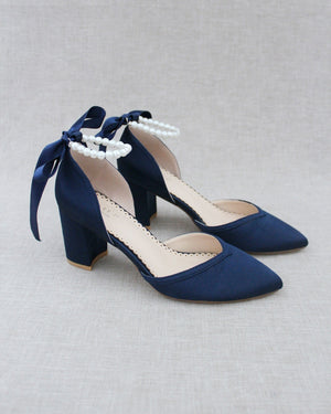Satin Evening Block Heel with All Pearl Ankle Strap