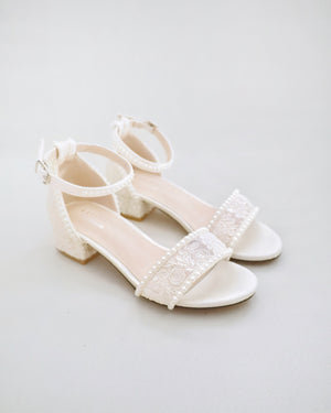 Crochet Lace Low Block Heel Girls Sandals with Mini Pearls
