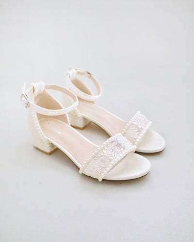 ivory crochet lace block heel sandals with mini pearls