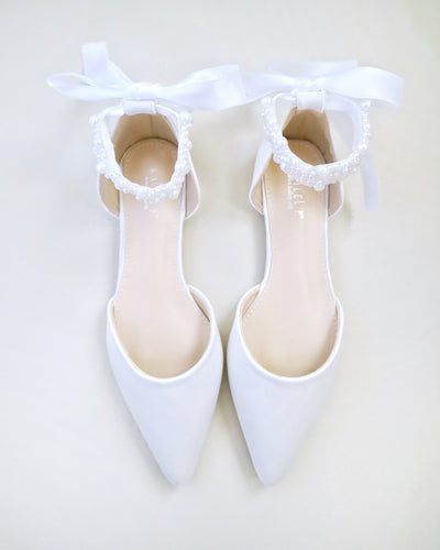 White Satin Bridal Flats with Perla Applique Ankle Strap