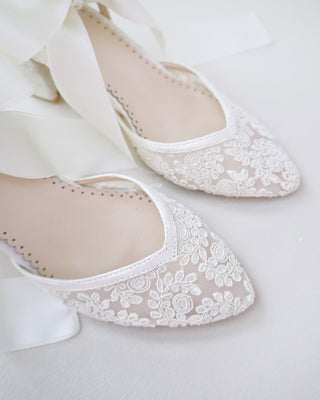 ivory lace block heels with ankle tie