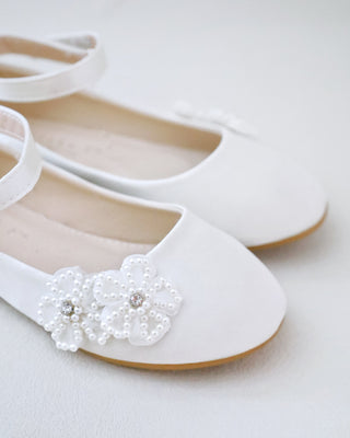 Satin Flower Girls Ballet Flats with All Pearls Chassia Flowers