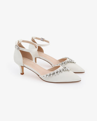 Ivory satin pointy toe kitten low heels with starlet rhinestone embellishments, elegant bridal or special occasion shoes