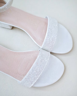 White Glitter Low Block Heel Bridal Sandals