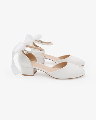 White Round Toe Satin Low Block Heel with Back Satin Bow