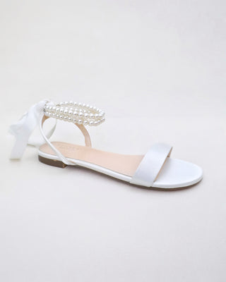 White Satin Wedding Flat Sandal with Double Pearls Strap