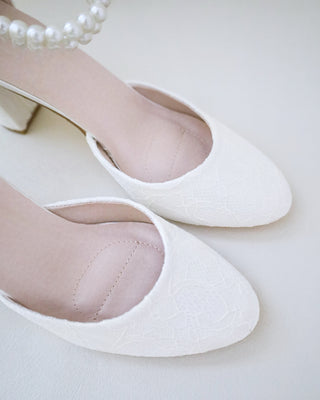 ivory lace wedding block heels with pearls strap