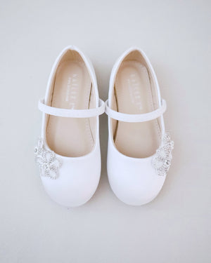 Satin Mary Jane Flats with Chassia Flower, Flower Girls Shoes 10 Toddler Satin Mary Jane Flats with Chassia Flower, Flower Girls Shoes 10 Toddler