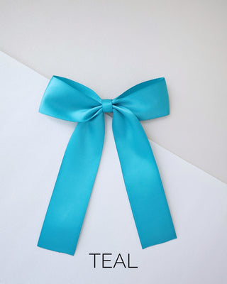 teal satin long tail hair bow for girls