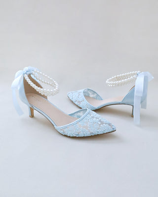 light blue crochet lace low heels with double pearls ankle strap