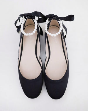 Black Satin Round Toe Evening Flat with All Pearl Ankle Strap