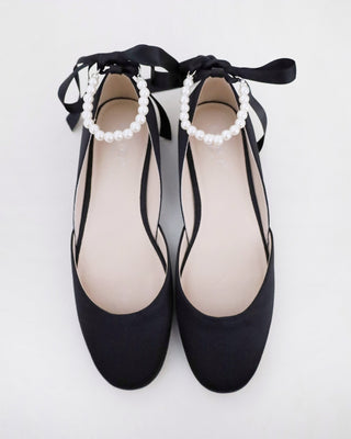 Black Satin Round Toe Evening Flat with All Pearl Ankle Strap