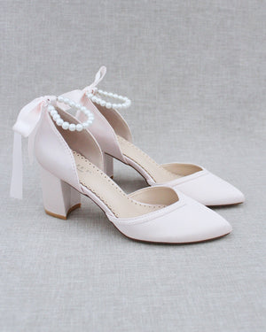 Satin Evening Block Heel with All Pearl Ankle Strap