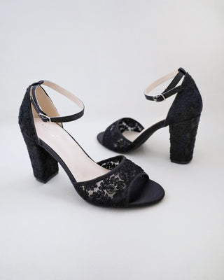 black crochet lace wedding block heels