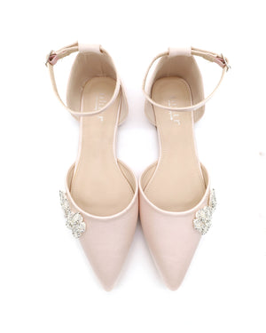 Satin Pointy Toe Evening Flats with Rhinestones Chassia Flower