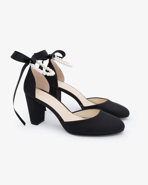 Satin Block Heel with All Pearls Ankle Strap