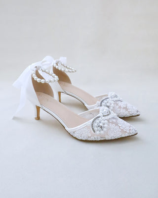 Crochet Lace Pointy Toe Wedding Kitten Low Heel with Small Pearls AppliqueWomen Shoes