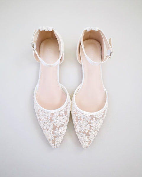 Ivory Crochet Lace Pointy Toe Flats with Ankle Strap Women Shoes