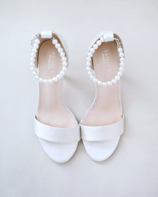 ivory satin high heel wedding sandals with pearl strap