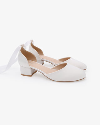 White Round Toe Satin Low Block Heel with Ballerina Lace Up