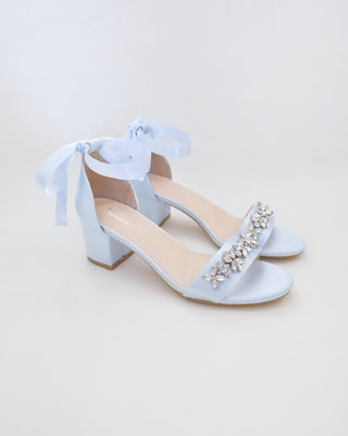 Satin Block Heel Sandals with Floral Rhinestones