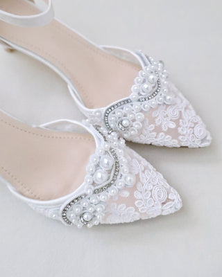white crochet lace wedding low heel with pearls