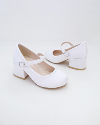 Girls Satin Mary Jane Block Heel with Mini Pearls