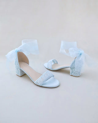 Crochet Lace Block Heel Wedding Sandals with Wrapped Ankle TieWomen Shoes
