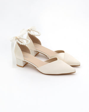 Satin Pointy Toe Low Block Heels Wedding Shoes with All Pearls Ankle Strap