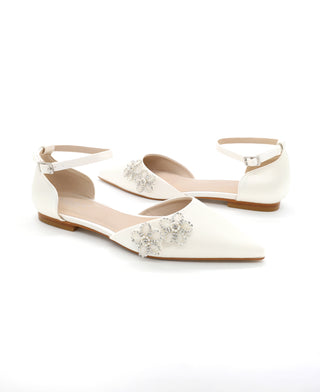 Satin Pointy Toe Wedding Flats with Rhinestones Chassia Flower