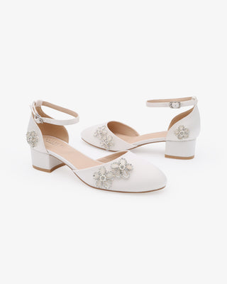 White Round Toe Satin Low Block Heel with Rhinestones Chassia Flower