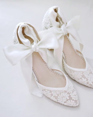 ivory lace block heels with ankle tie