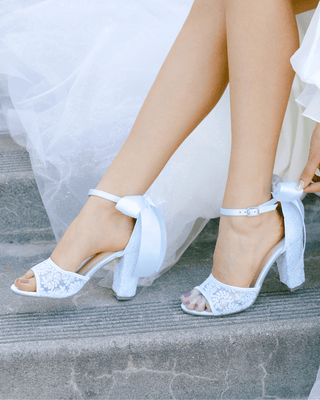 Crochet Lace Block Heel Sandals with Satin Back Bow