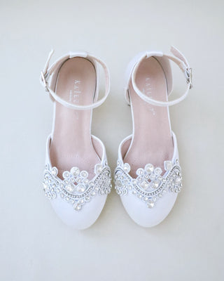 white satin girls block heels with rhinestones applique on vamp