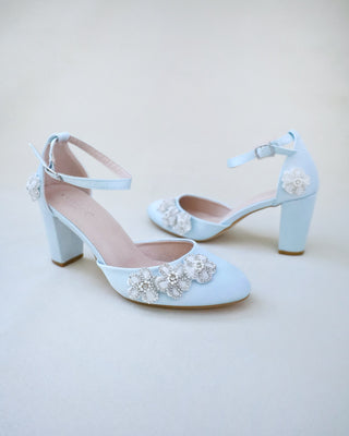 Satin Wedding Block Heel with Rhinestones Chassia Flower