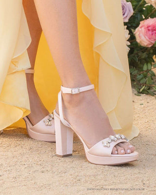 Satin Platform Block Heel Wedding Sandals with Navette Rhinestones