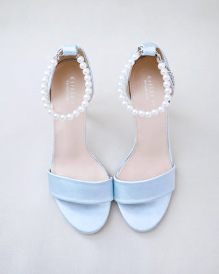 light blue satin high heel wedding sandals with pearl strap