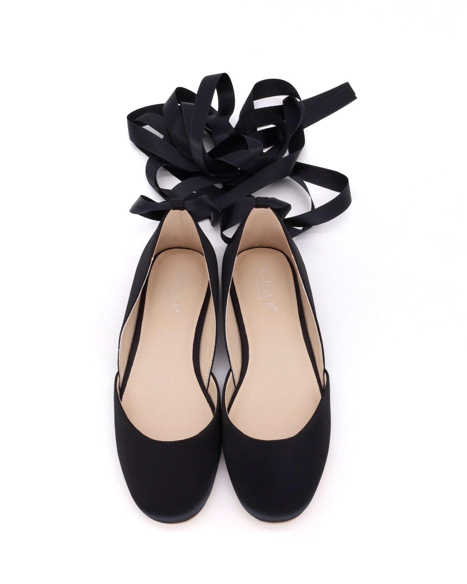 Black Satin Round Toe Flat with Ballerina Lace Up, Bridesmaid Shoes
