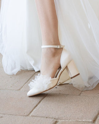 Satin Almond Toe Block Heels Wedding Shoes with Ophelia Flowers
