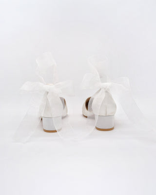 Satin Pointy Toe Low Block Heels Wedding Shoes with Wrapped Ribbon TieWomen Shoes