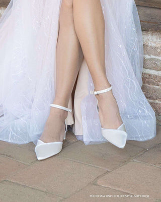 Satin Pointy Toe Low Block Heels Wedding Shoes with Mini Pearls