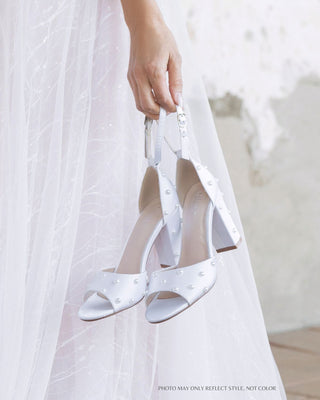 Satin Block Heel Wedding Sandals with Scattered Pearls