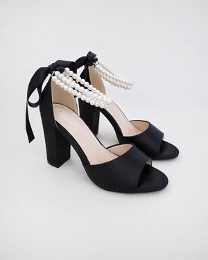 Satin Block Heel Evening Sandals with Double Pearl Strap